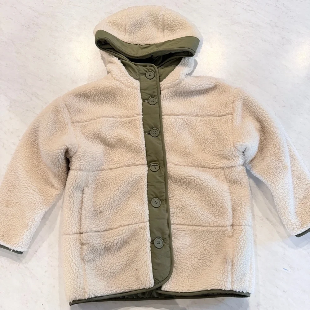 GAP Kids Cream and Olive Green Quilted Sherpa Jacket